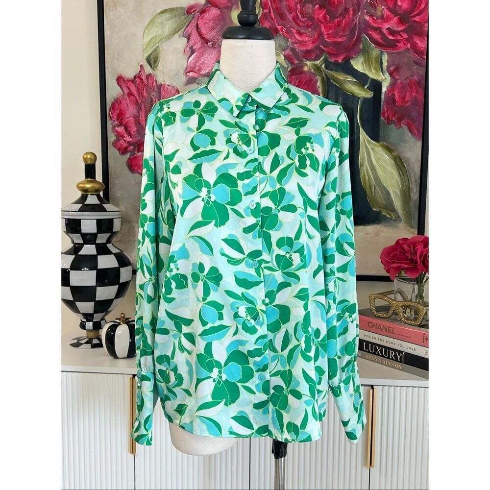 Halogen Women's Floral Print Long Sleeve Button Up Shirt Green Blue Size Medium